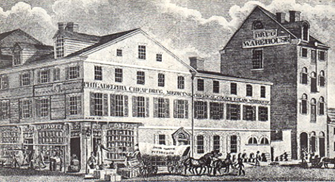 Ink sketch of a large 19th century store and warehouse