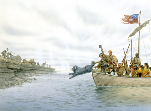 painting of a big, black dog leaping out of the boat and people waving