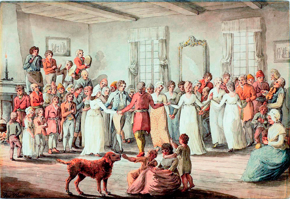 Historic painting showing people dancing circa 1801