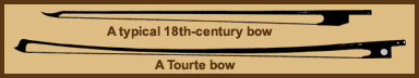 18th-century bow compared with a Tourte bow which is longer a more curved