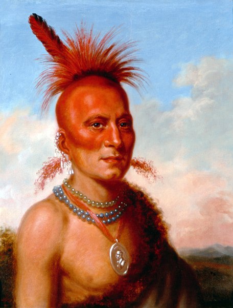 Colorful portrait of an indian with red roach and single feather wearing a peace medal