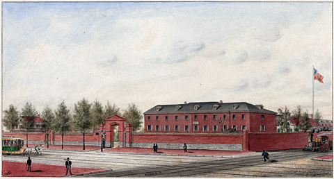 Historic painting of a large brick building