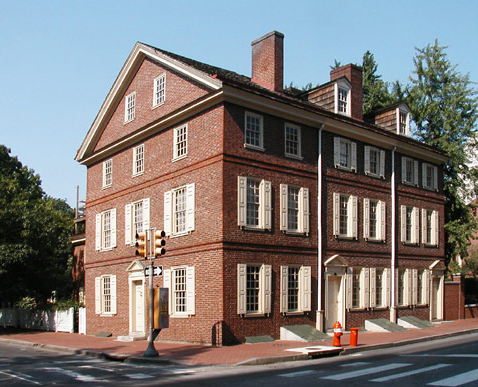Dolley Todd's House: Three-story red brick house with attic dormer rooms