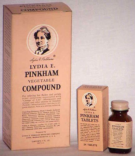 A box of Lydia E. Pinkham's medicine in liquid and tablet form