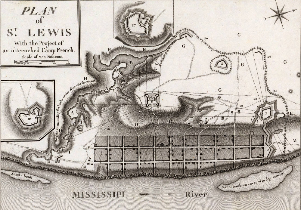 Plan showing streets, buildings, and forts of early St. Louis