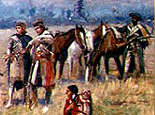 Lewis and Clark in front of an Indian leading horses