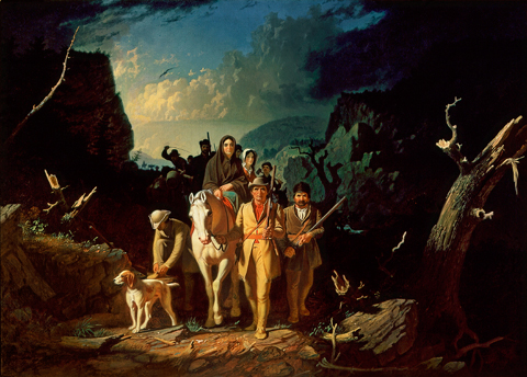 Romantic painting of a man in buckskins leading emigrants through the wilderness