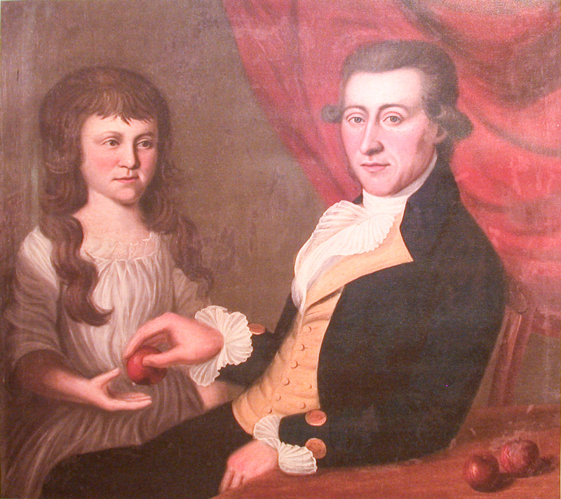 Old painting of a gentleman giving an apple to a young girl