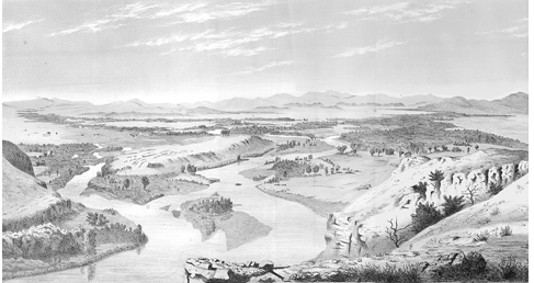 historic sketch of three rivers joining