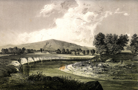 Painting showing a tall hill behind a curving river