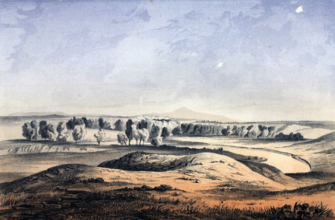 Painting of a river winding through the plains