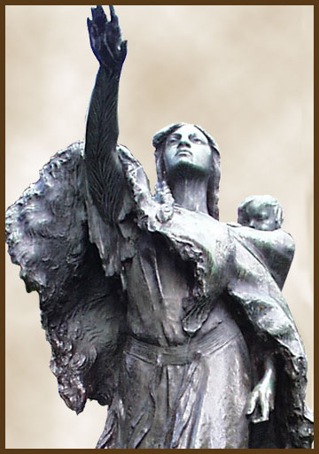 Sacagawea lifting her arm towards the mountains