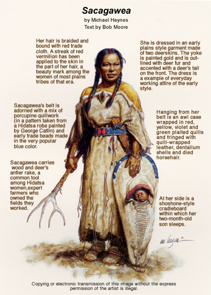 Color drawing of Sacagawea holding a papoose