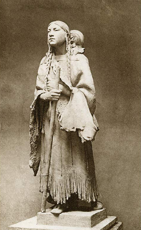 Sakakawea wearing a fringed skirt and shawl