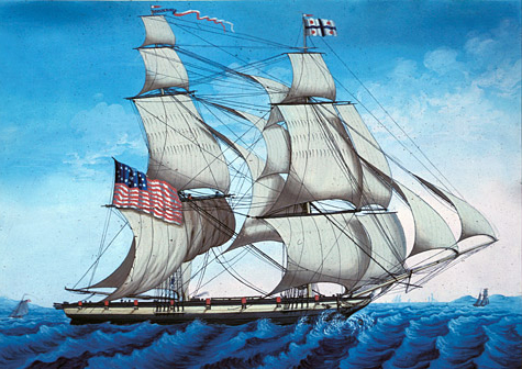 A two-masted sailing ship with an American flag