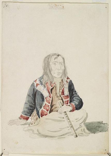 Portrait of Slo-ce-ac-cum wearing a blue military coat with red trim and holding a flute