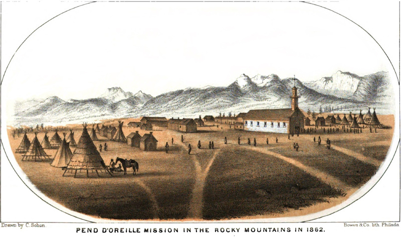 Tinted lithograph of an early western Catholic mission