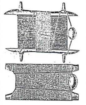 A flat board around which string is wound and unwound