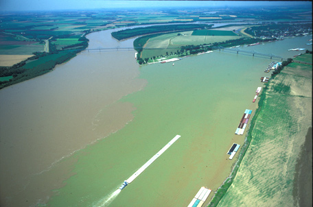 Aerial photo of two wide rivers joining