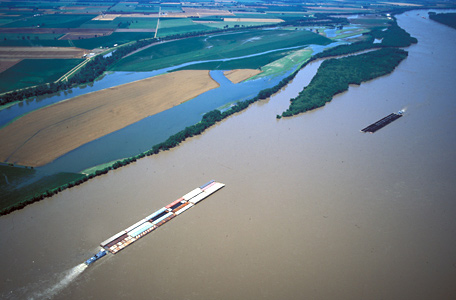 wide muddy Mississippi River and flat farmland