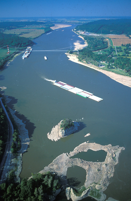 Aerial view of the Grand Tower, a white rock in the river