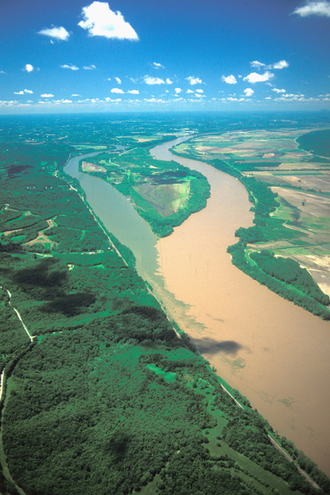 Aerial photo of the clearer and smaller Osage entering the larger and muddy Missouri