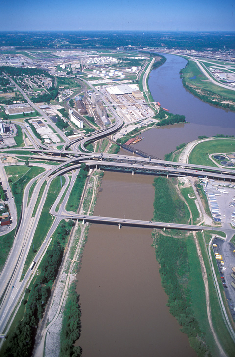Aerial photo of two large rivers converging in a large city