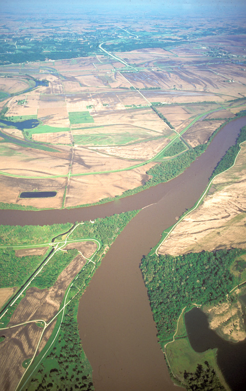 Aerial view of the Platte River joining the Missouri