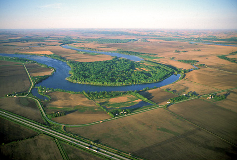 Aerial photo of curvy blue lake iowa