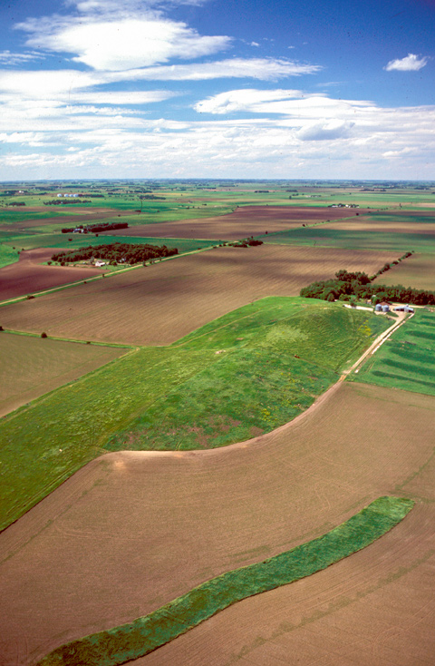 aerial view of Spirit Mound, a small rise surrounded by flat, plowed prairie