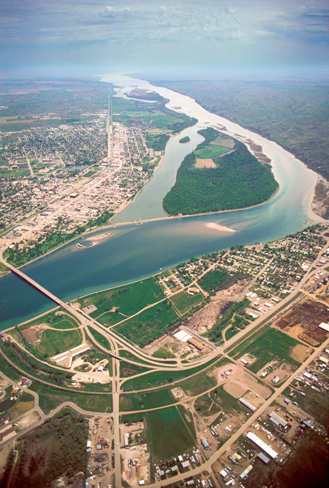 Aerial view of the Missouri River dividing a city