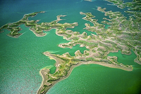 Aerial view of Fort Peck Lake with a very complicated shoreline
