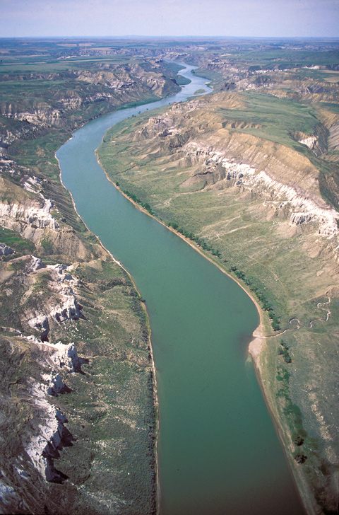 Missouri River flowing through a deep canyon with white-walled cliffs