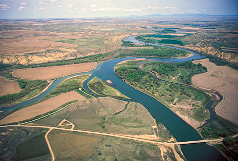 Decision Point by Air showing two rivers meeting in the brown and barren hills