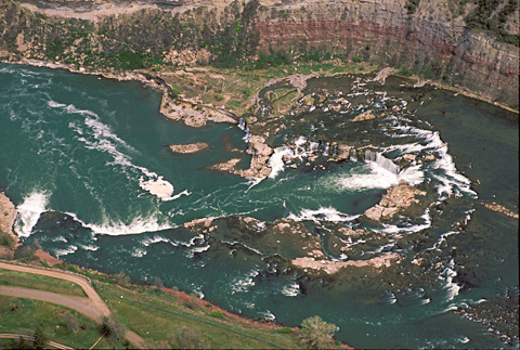 Aerial view of a rocky water fall