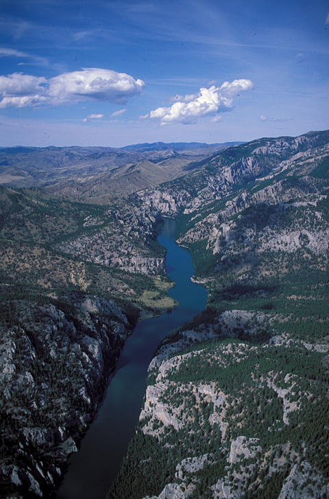 Aerial view of the Gates of the Mountains looking downstream