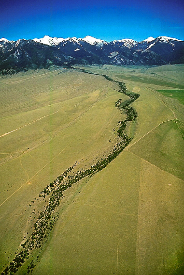 snow peaks of the Tobacco Root Mountains rise above the plain
