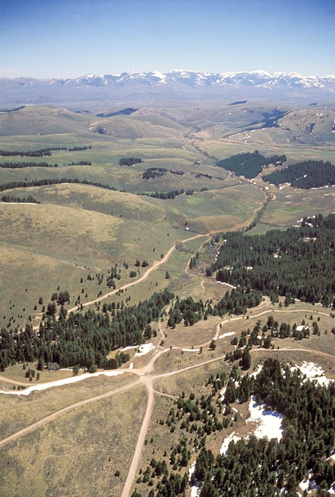 Lemhi Pass: a low divide with snow peaks in the distant background