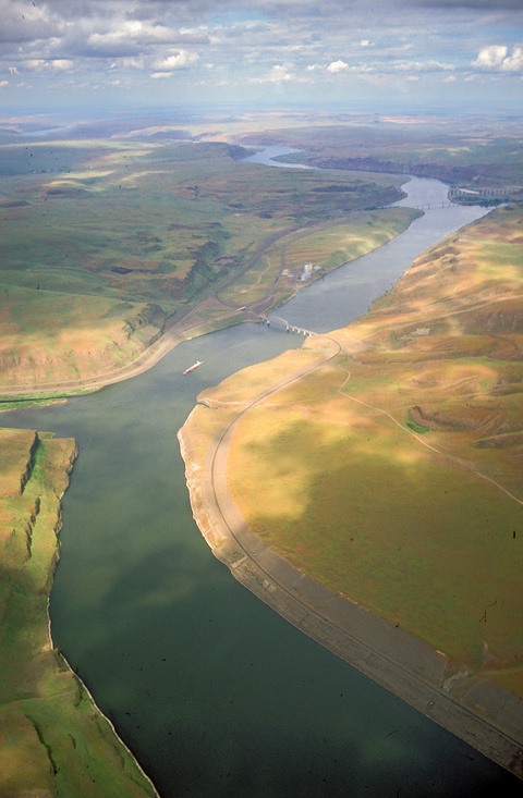 Snake-Tucannon confluence: Wide river slowed by a dam, flows through barren hills