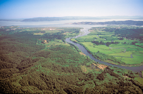 Aerial photo of the Lewis and Clark River, a small coastal river