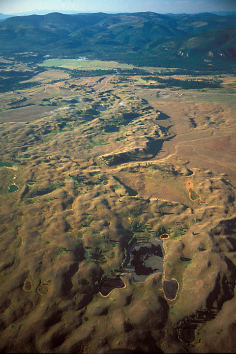 Aerial view of a bumpy prairie