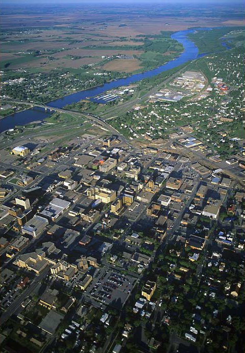 Aerial view of a large city on the Missouri River