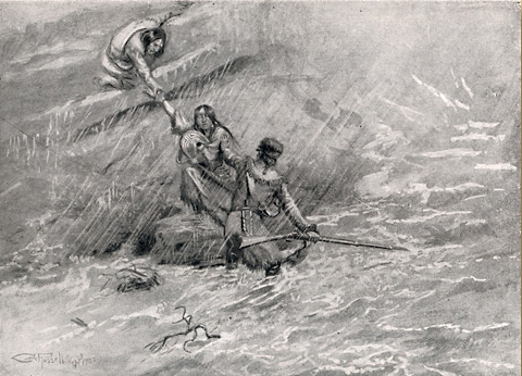 Sketch of Sacagawea trying to escape from a flash flood