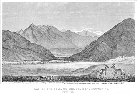 black and white sketch of large river entering the mountains