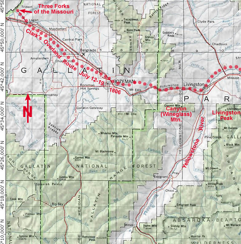 Portion of a modern topographic map showing Clark's route