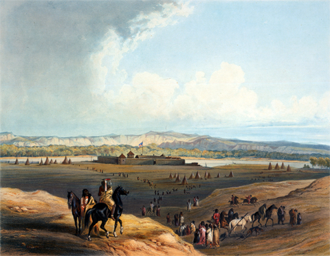 Large trading post/fort surrounded by Indians