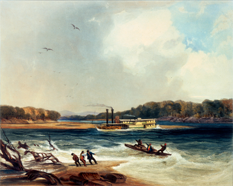 A steamboat nears a rapid on the Yellowstone River
