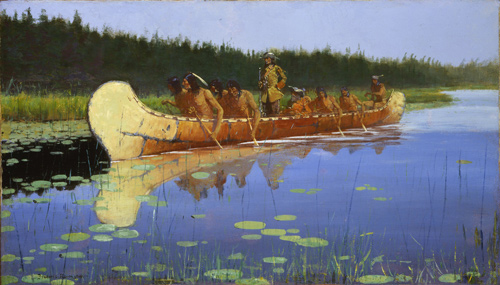 Eight Indians and three French fur traders row a large canoe through a lake