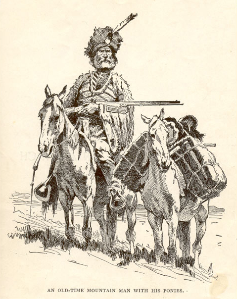 Remington drawing of a fur trapper with his two horses