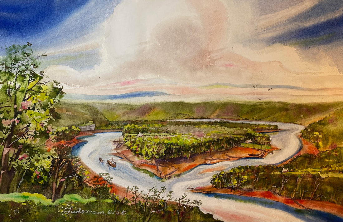 The barge and pirogue look small among the Ohio River hills